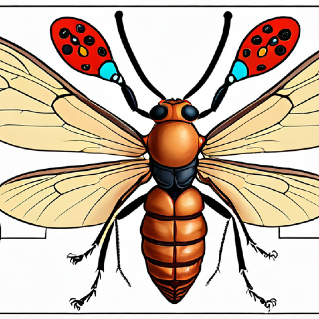 **Insect Body Structure**: Create an educational illustration showing the three main parts of an insect's body: the head, thorax, and abdomen. Label each part and include details such as sensory organs (like eyes and antennae) on the head, legs and wings on the thorax, and digestive organs in the abdomen.