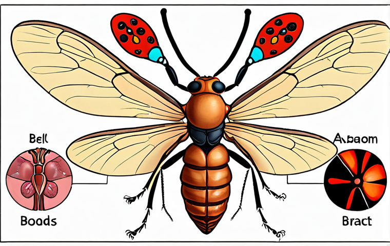 **Insect Body Structure**: Create an educational illustration showing the three main parts of an insect's body: the head, thorax, and abdomen. Label each part and include details such as sensory organs (like eyes and antennae) on the head, legs and wings on the thorax, and digestive organs in the abdomen.