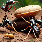 A fierce battle between a group of ants defending a food source from other insects, highlighting the intensity of competition.