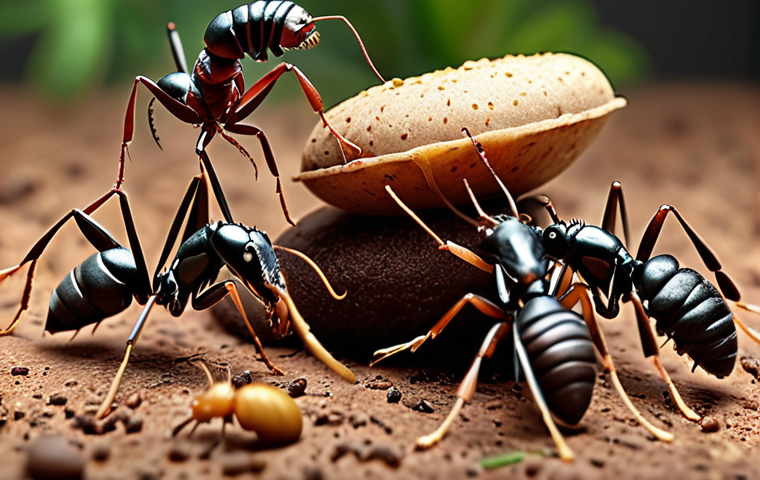 A fierce battle between a group of ants defending a food source from other insects, highlighting the intensity of competition.