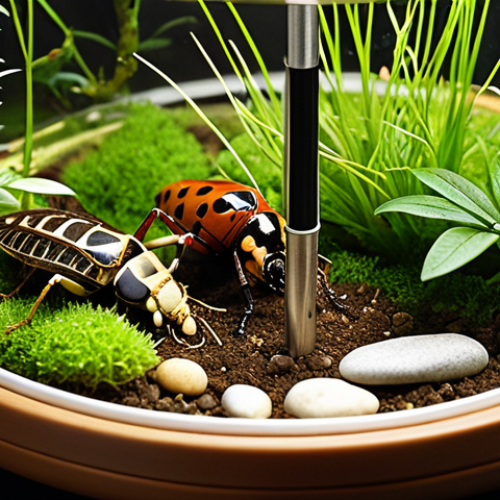 Home 8 **Image Prompt:** A well-lit terrarium showcasing various healthy insects (grasshoppers, butterflies, beetles) thriving in a carefully designed environment. The terrarium should feature a digital thermometer, a hygrometer, a shallow dish with fresh leaves, and strategically placed hiding spots like small rocks and pieces of bark. Focus on demonstrating ideal insect care conditions.