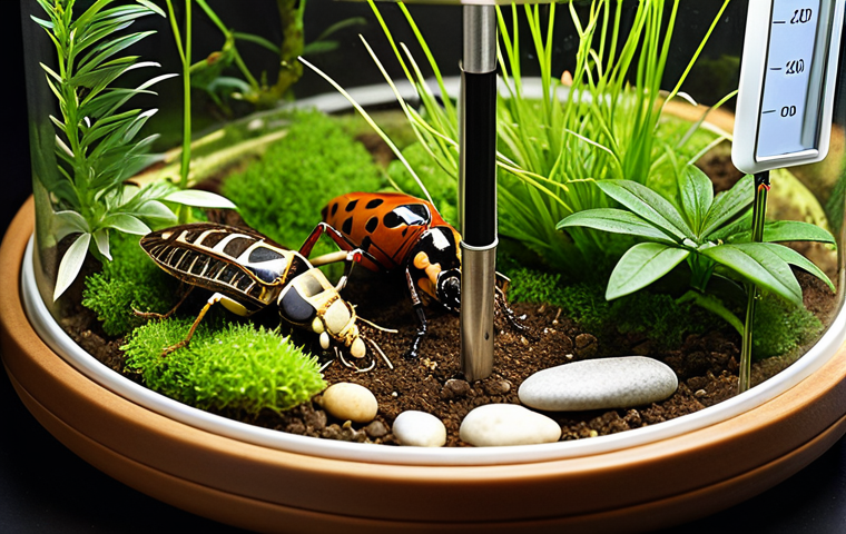 **Image Prompt:** A well-lit terrarium showcasing various healthy insects (grasshoppers, butterflies, beetles) thriving in a carefully designed environment. The terrarium should feature a digital thermometer, a hygrometer, a shallow dish with fresh leaves, and strategically placed hiding spots like small rocks and pieces of bark. Focus on demonstrating ideal insect care conditions.