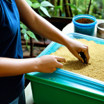 A Malaysian beetle enthusiast, a woman, in modest casual attire, gently preparing a habitat for rhinoceros beetle larvae. She is carefully sifting fermented sawdust into a transparent plastic container on a clean, well-lit study table. In the background, there are other hobby supplies and soft greenery. A healthy rhinoceros beetle larva is visible inside the container, being observed with care. Soft natural light illuminates the scene, creating a calm and focused atmosphere. professional photography, high detail, vibrant colors, sharp focus, perfect anatomy, correct proportions, natural pose, well-formed hands, proper finger count, natural body proportions, safe for work, appropriate content, fully clothed, family-friendly.