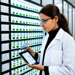 A professional entomologist, fully clothed in a modest lab coat and safety glasses, meticulously monitors a modern insect breeding facility. The room features rows of transparent insect habitats, each equipped with advanced digital sensors and small automated misting systems. The entomologist holds a tablet displaying real-time temperature and humidity data graphs. The lighting is bright and clean, emphasizing a sterile and controlled environment. The image should convey scientific precision and dedication. Safe for work, appropriate content, fully clothed, professional dress, perfect anatomy, correct proportions, natural pose, well-formed hands, proper finger count, natural body proportions, professional photography, high quality.