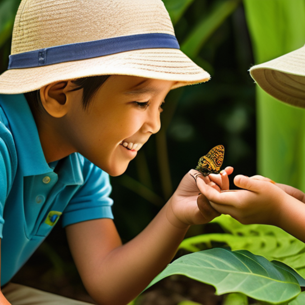 곤충 생태 체험 프로그램 - **Prompt:** A diverse group of Malaysian children, aged 6-12, are immersed in a vibrant tropical but...