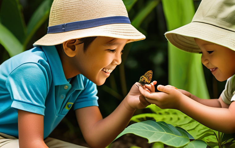 곤충 생태 체험 프로그램 - **Prompt:** A diverse group of Malaysian children, aged 6-12, are immersed in a vibrant tropical but...