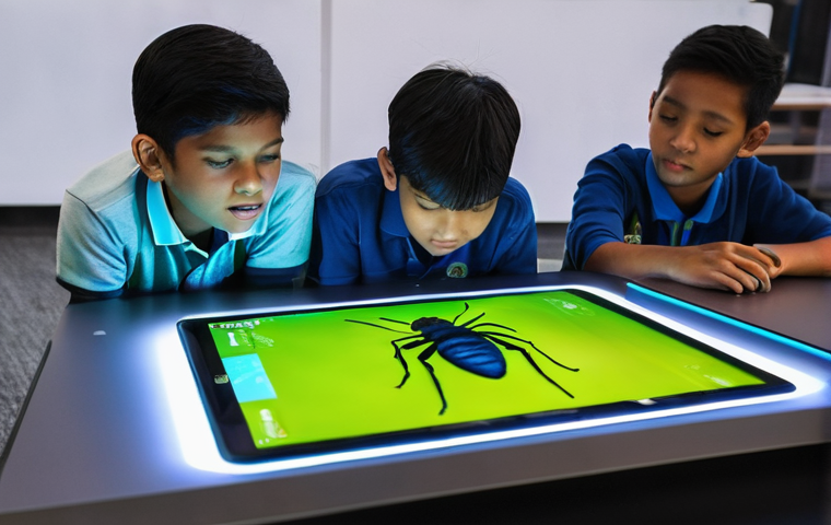 곤충 생태 체험 프로그램 - **Prompt:** A diverse group of Malaysian children, aged 6-12, are immersed in a vibrant tropical but...