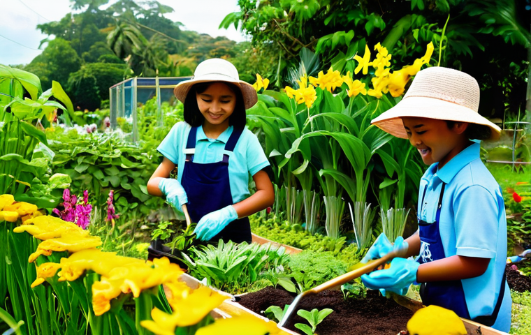 곤충 생태 체험 프로그램 - **Prompt:** Inside a modern, brightly lit Malaysian insect ecology center, a diverse group of childr...