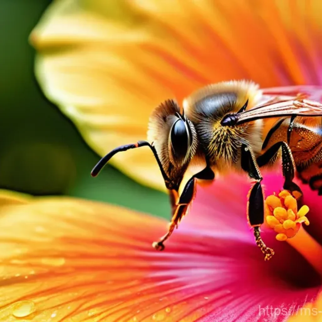 곤충과 식물의 공생 - **Prompt:** A close-up, highly detailed shot of a honeybee diligently collecting nectar and pollen f...