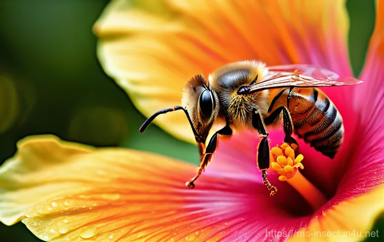 곤충과 식물의 공생 - **Prompt:** A close-up, highly detailed shot of a honeybee diligently collecting nectar and pollen f...