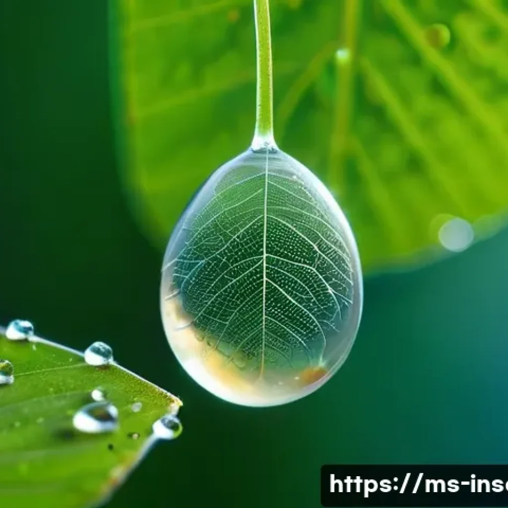 곤충 번식 주기 - **Prompt:** "Macro photograph of tiny, pearl-like butterfly eggs meticulously arranged on the vibran...